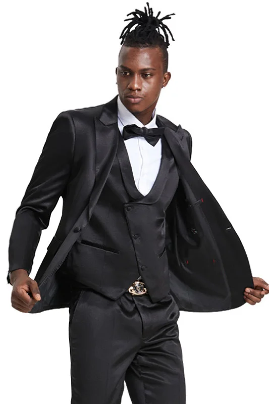 Men's One Button Vested Shiny Satin Sharkskin Prom & Wedding Party Suit in Black Stylish Men's Neon Men's One Button Vested Shiny Satin Sharkskin Prom & Wedding Party Suit in Black Stylish Men's Neon