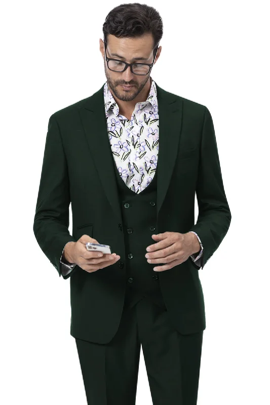 Mens Modern Two Button Vested Peak Lapel Suit with Double Breasted Vest in Hunter Green Sleek Men's Contemporary 