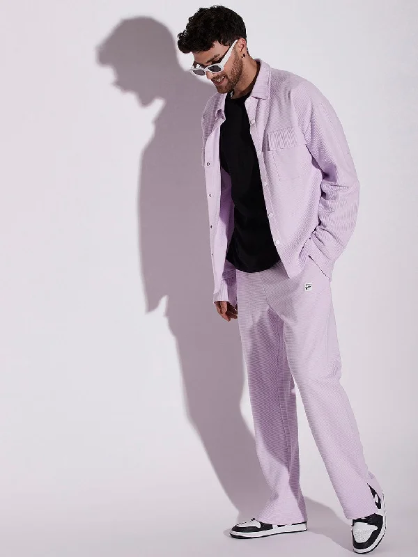 Lavender Pleated OverShirt And Pants Combo Set Youthful Men's Anime