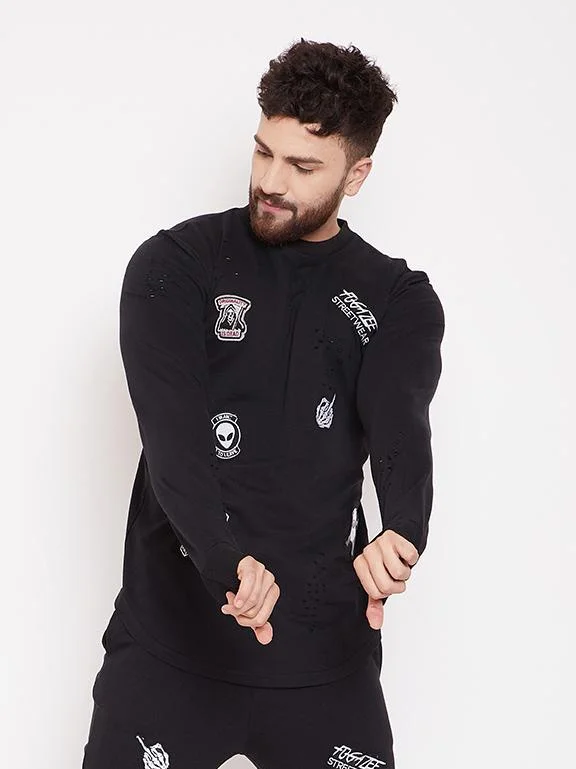 Black Patched Distressed Sweatshirt Casual Men's Loose