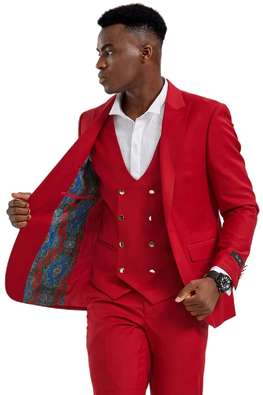 Men's One Button Peak Lapel Vested Suit with Gold Buttons in Red Elegant Men's Cashmere