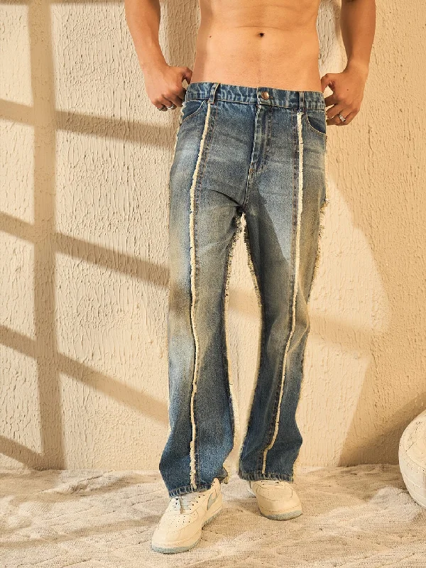 Blue Frayed Wide Leg Denim Artistic Men's Avant
