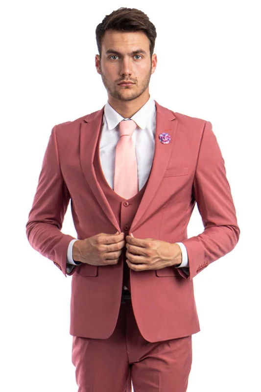 Men's One Button Peak Lapel Skinny Wedding & Prom Suit with Lowcut Vest in Coral Pink Cool Men's Skate Men's One Button Peak Lapel Skinny Wedding & Prom Suit with Lowcut Vest in Coral Pink Cool Men's Skate