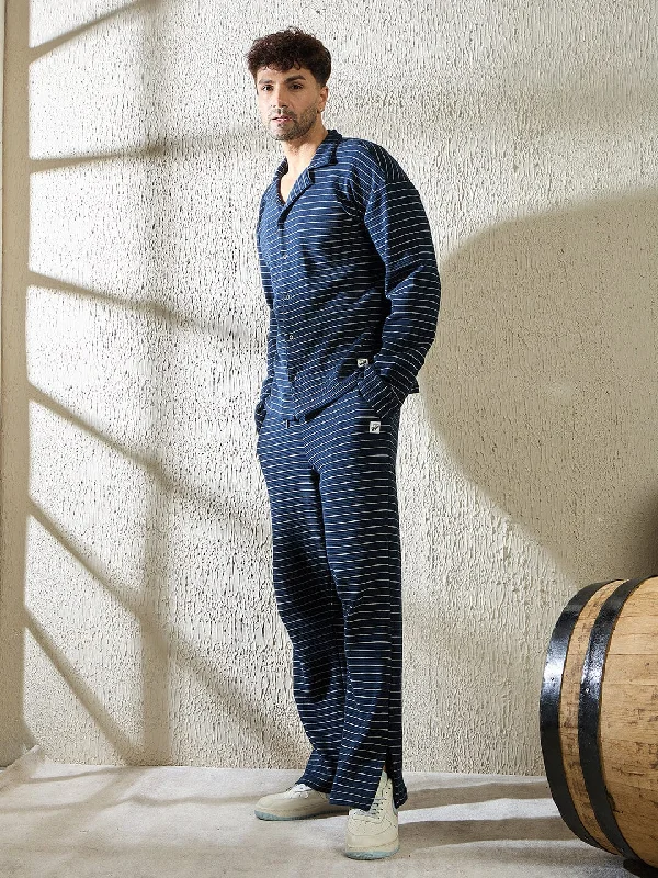 Navy Pinstriped Cuban Shirt and Boot Cut Trackpants Clothing Set Bold Men's Animal