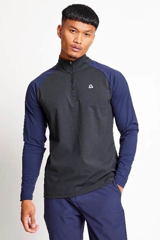 Slim Fit Contrast 1/4 Zip Top  - Putter Black / Ace Navy Street