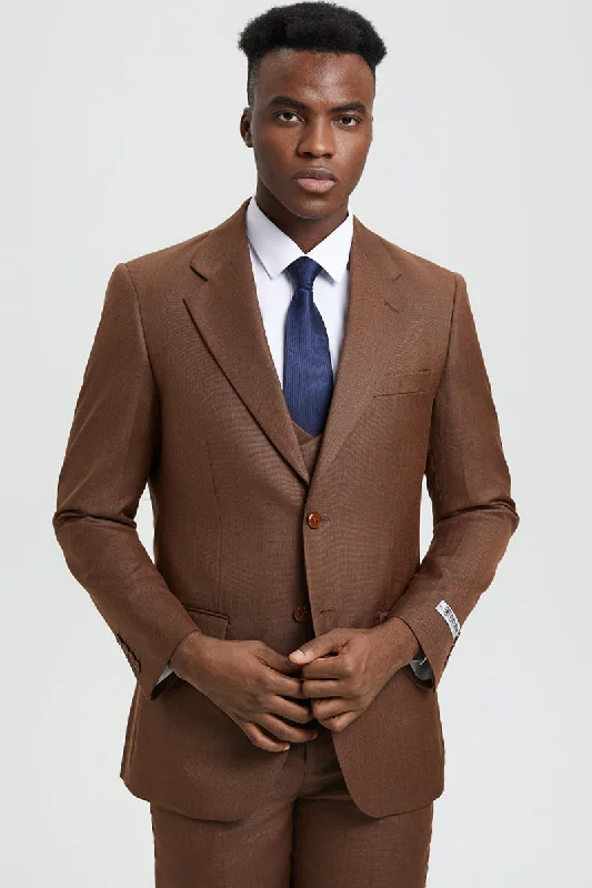 Men's Two Button Vested Stacy Adams Designer Sharkskin Suit in Cognac Cozy Men's Sherpa