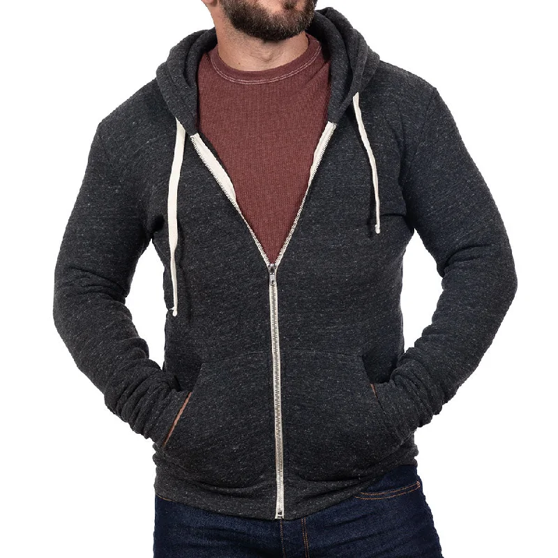Charcoal Heather Marled Full Zip Hooded Tri-Blend Fleece Sweatshirt - Made in USA Trendy Men's Bucket