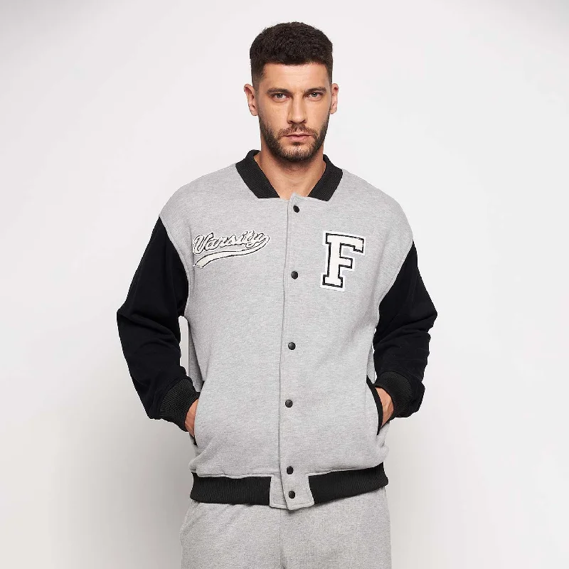 Grey And Black Fleece Varsity Jacket Laid