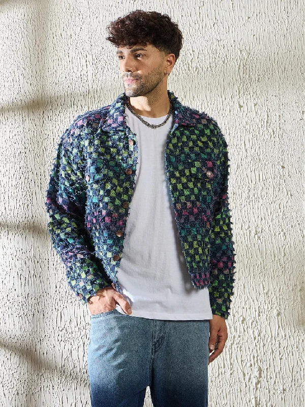 Rainbow Frayed Jacquard Cropped Denim Jacket Cool Men's Distressed