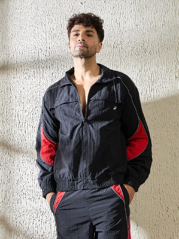 Black and Red Crinkle Windbreaker Jacket Traditional Men's Wool