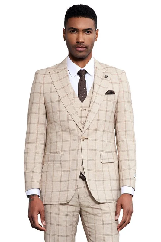 Men's Stacy Adams One Button Peak Lapel Vested Windowpane Plaid Suit in Tan Bold Men's Animal