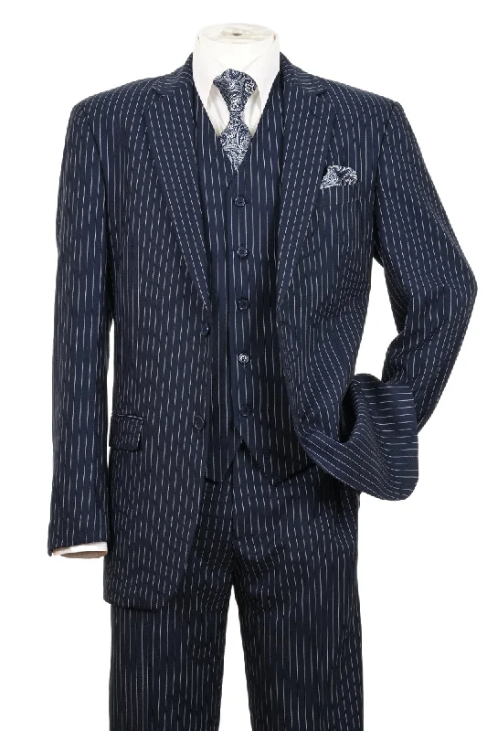 Mens 2 Button Vested Bold Pinstripe Gangster Suit in Navy Elegant Men's Formal 