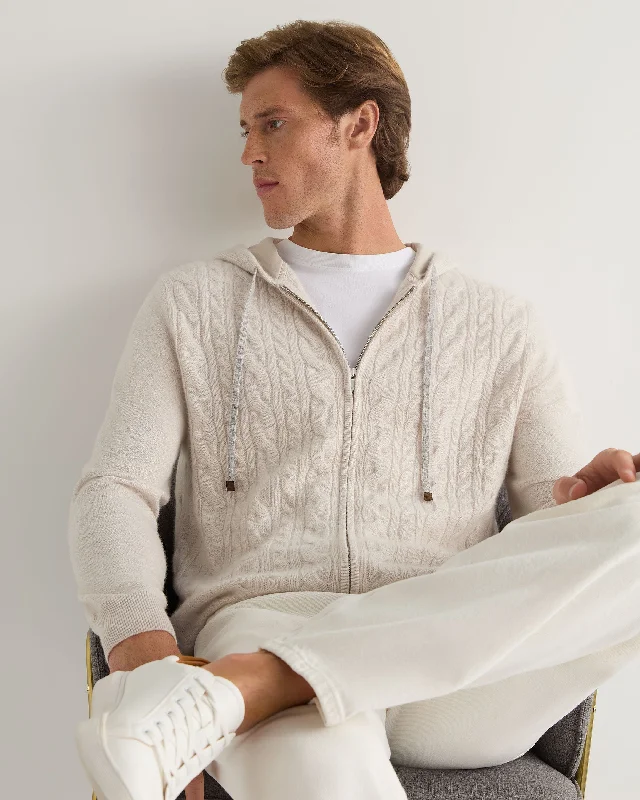 Men's Fulham Cable Zip Cashmere Hoodie Frost White Stylish Men's Neon