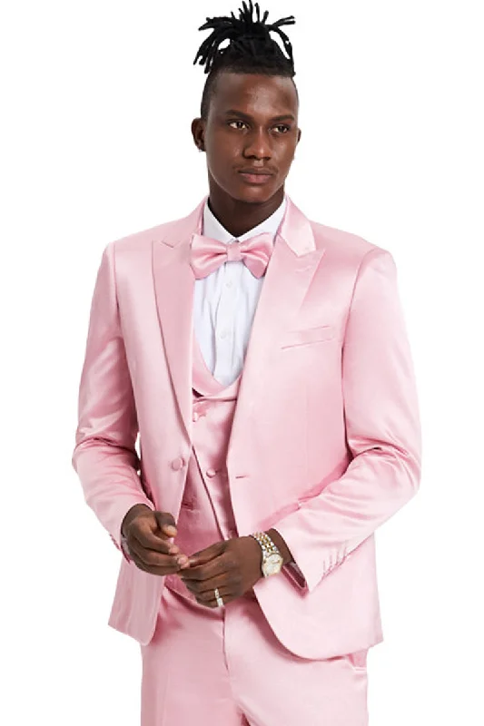 Men's One Button Vested Shiny Satin Sharkskin Prom & Wedding Party Suit in Dusty Rose Refined Men's Classic Men's One Button Vested Shiny Satin Sharkskin Prom & Wedding Party Suit in Dusty Rose Refined Men's Classic