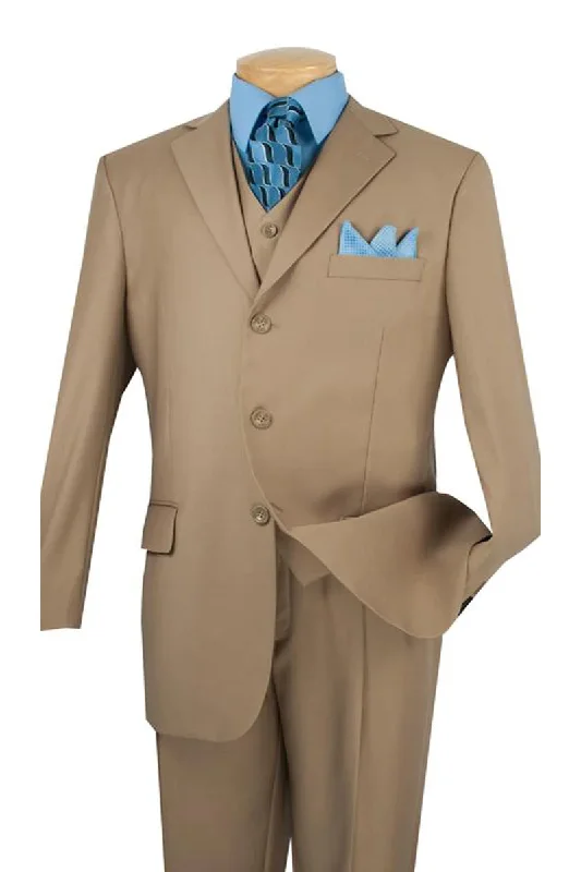 Mens 3 Button Classic Fit Vested Basic Suit in Tan Sophisticated Men's French