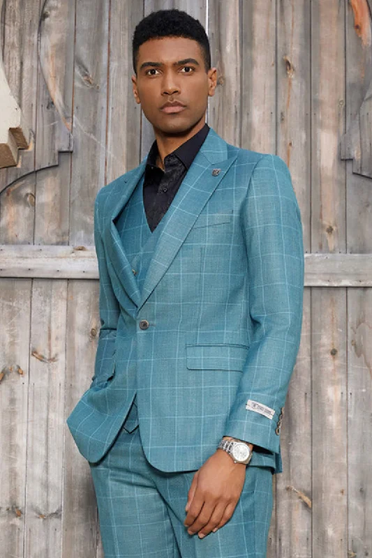 Men's Stacy Adams One Button Peak Lapel Suit with Double Breasted Vest in Teal Windowpane Minimalist Men's Casual Men's Stacy Adams One Button Peak Lapel Suit with Double Breasted Vest in Teal Windowpane Minimalist Men's Casual