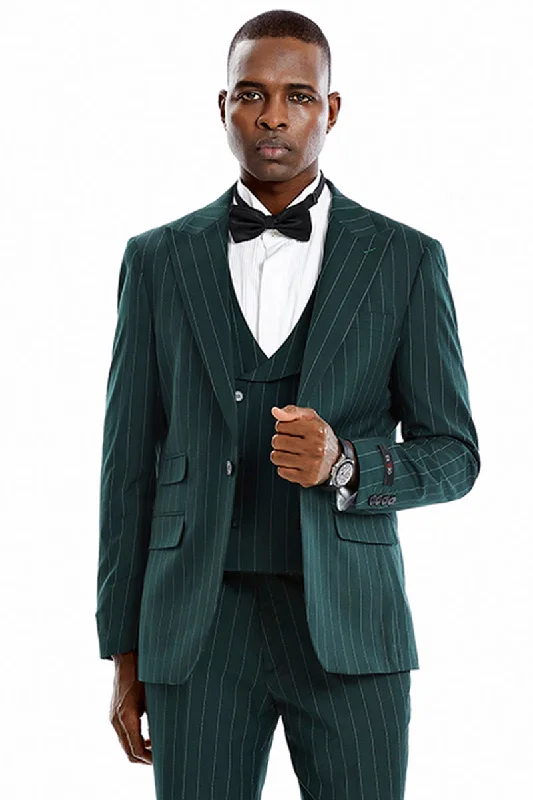 Men's One Button Vested Wide Peak Lapel Bold Gangster Pinstripe Suit in Hunter Green Unique Men's Patch Men's One Button Vested Wide Peak Lapel Bold Gangster Pinstripe Suit in Hunter Green Unique Men's Patch