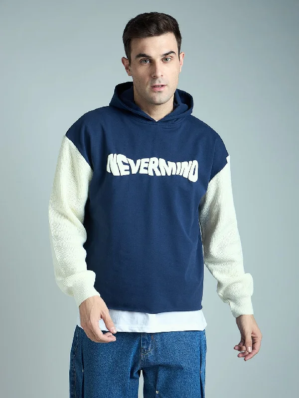 Navy Cropped Hoodie With Knitted Sleeves Sporty Men's Athleisure 