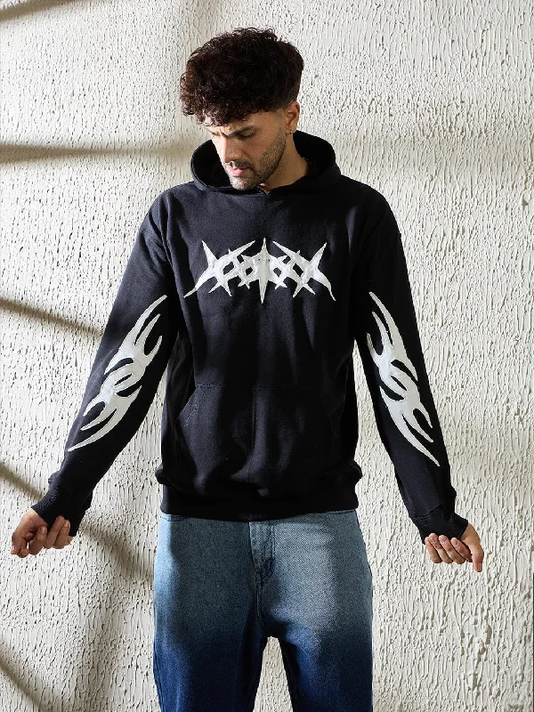 Black Y2K Applique Hooded Sweatshirt Youthful Men's Anime