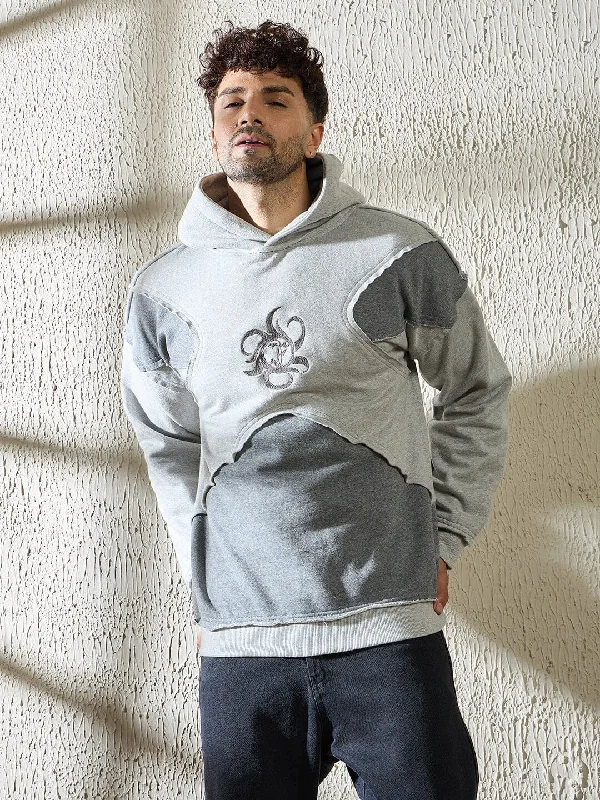 Grey and Charcoal Cut and Sew Hooded Sweatshirt Practical Men's Multi