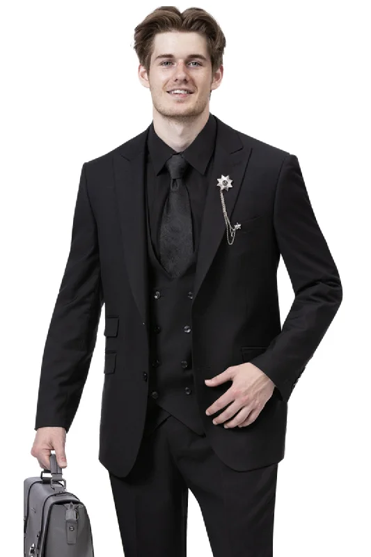 Mens Modern Two Button Vested Peak Lapel Suit with Double Breasted Vest in Black Edgy Men's Punk Mens Modern Two Button Vested Peak Lapel Suit with Double Breasted Vest in Black Edgy Men's Punk