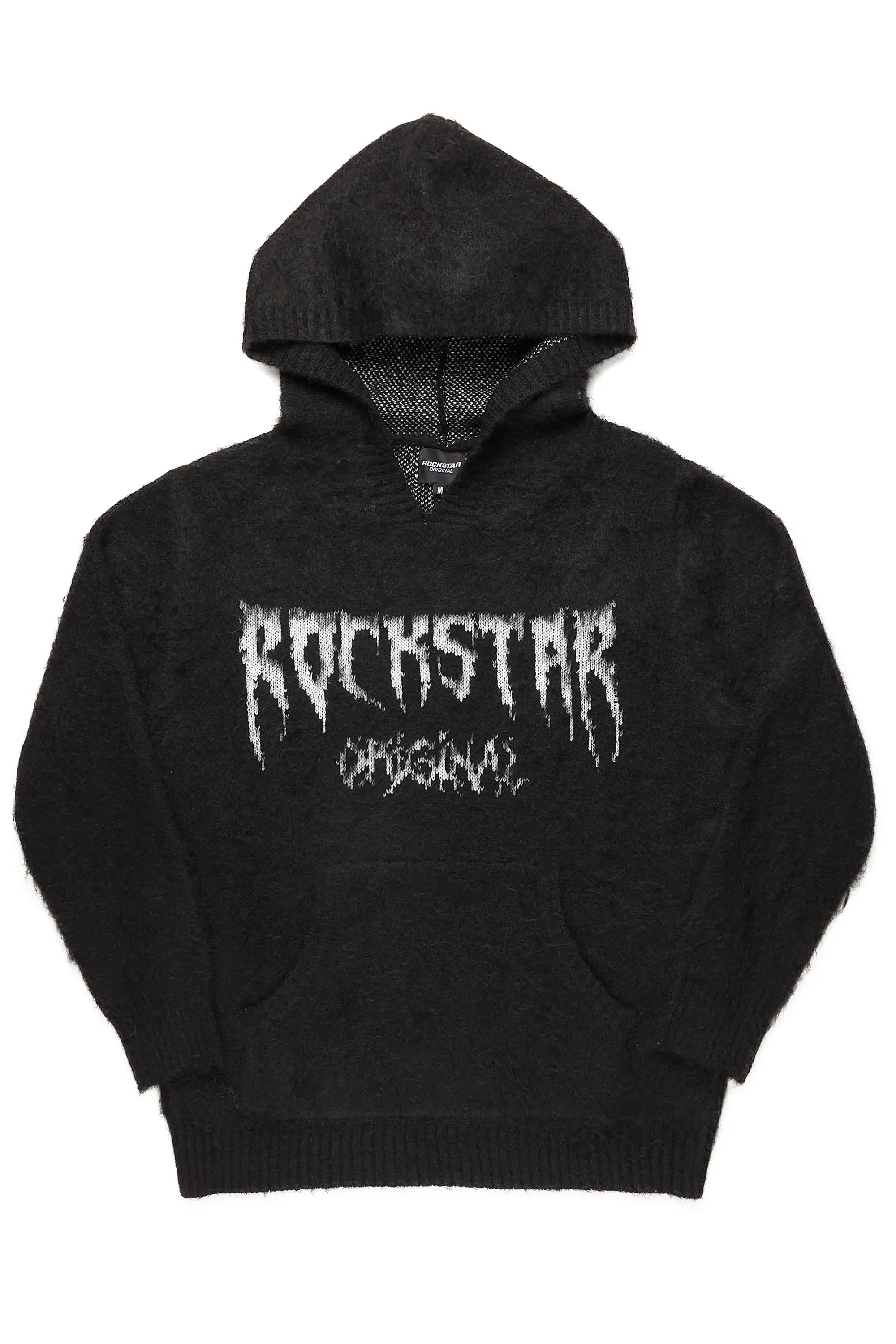 Andros Black Graphic Knitted Mohair Hoodie Bohemian Men's Free