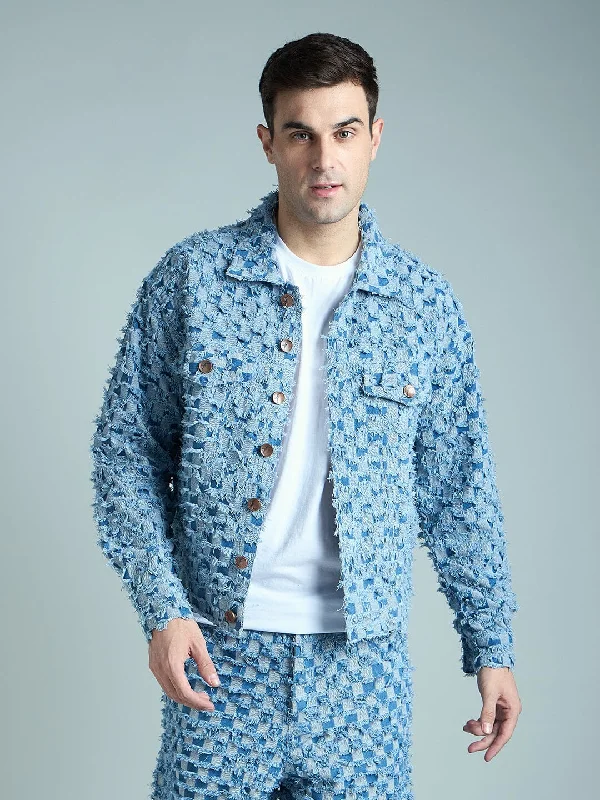 Blue Frayed Jacquard Cropped Denim Jacket Trendy Men's Scandinavian