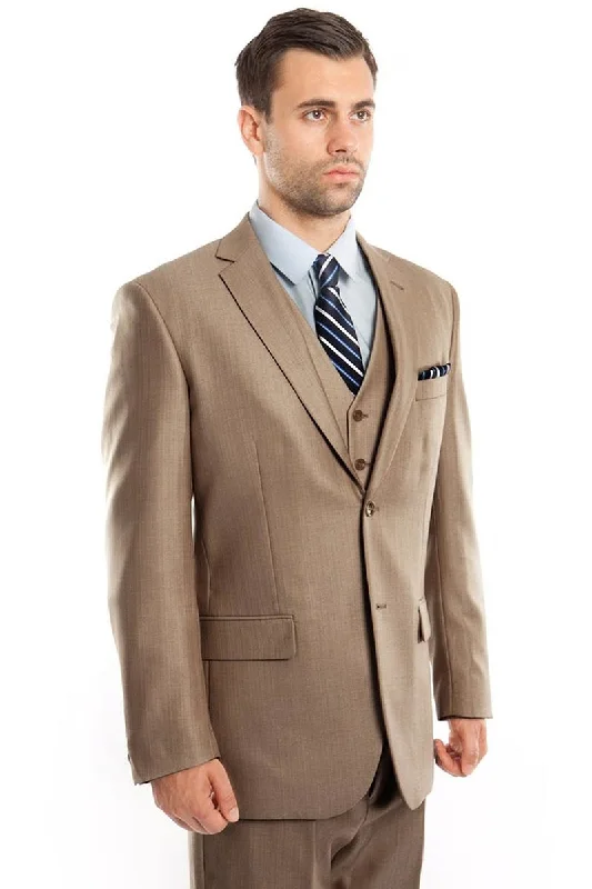 Men's Two Button Vested Textured Sharkskin Business Suit in Dark Tan Dynamic Men's Glow