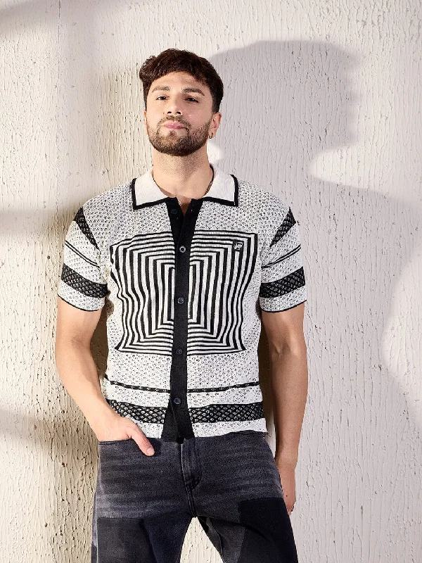 White And Black Geometric Crochet Shirt Vintage Men's 1970S Disco