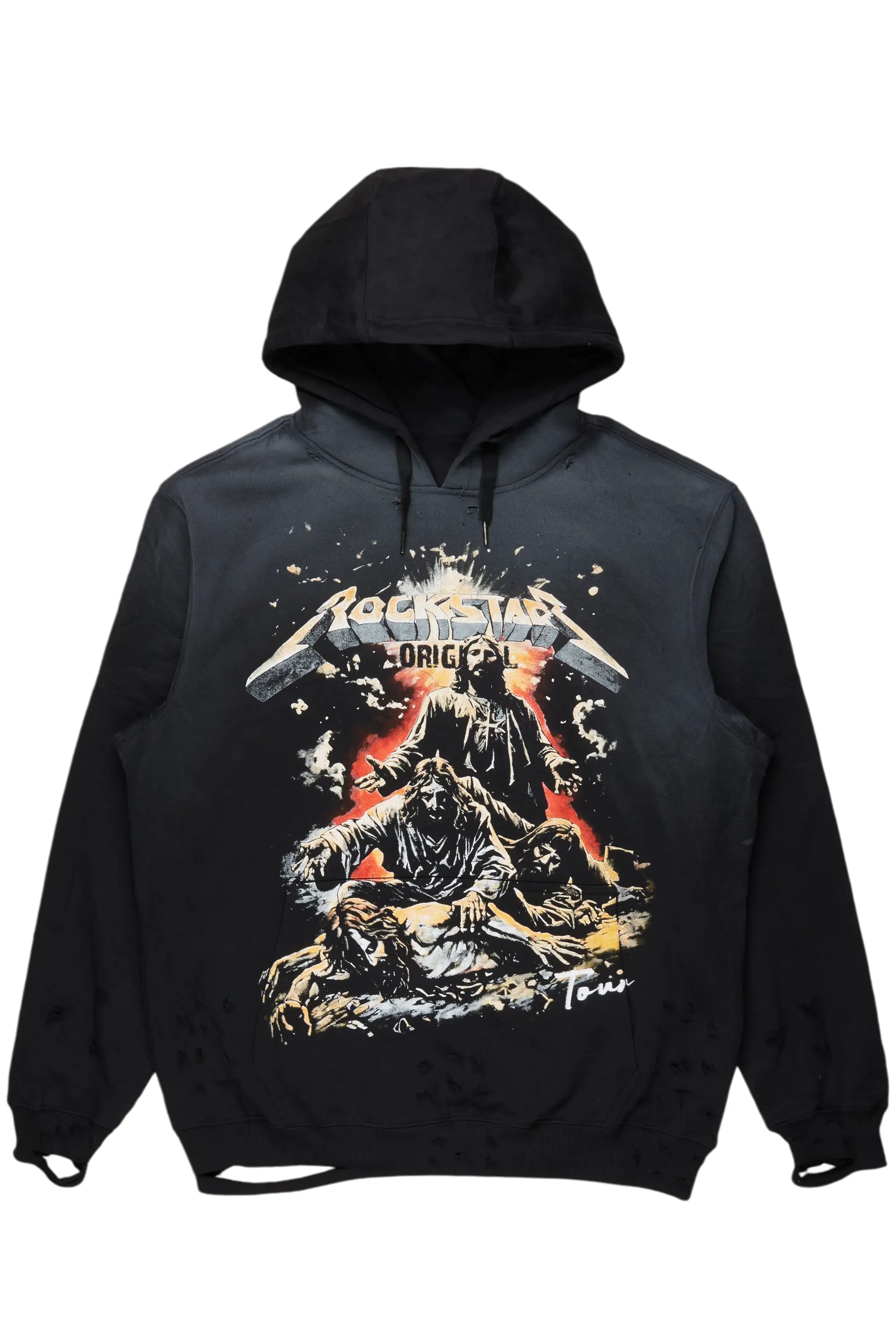 Akando Black Graphic Distressed Hoodie Bohemian Men's Free