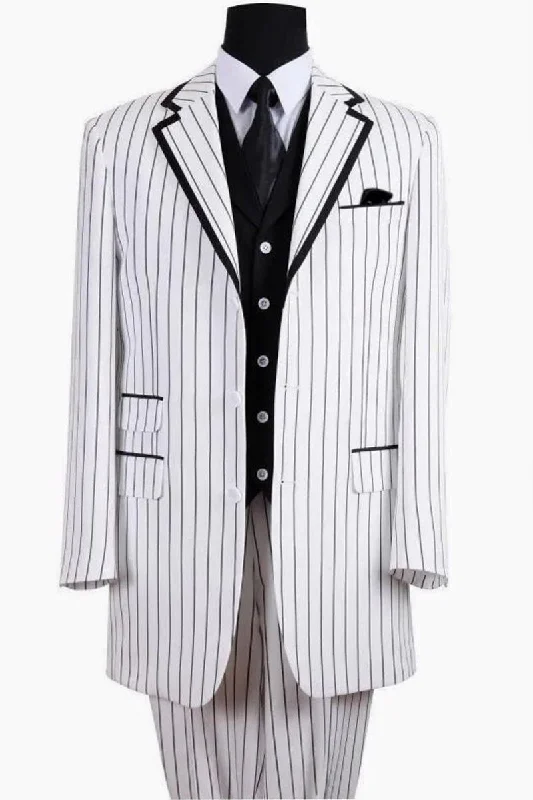 Mens 3 Button Vested Barbershop Quartet Suin in White with Black Pinstripes Laid
