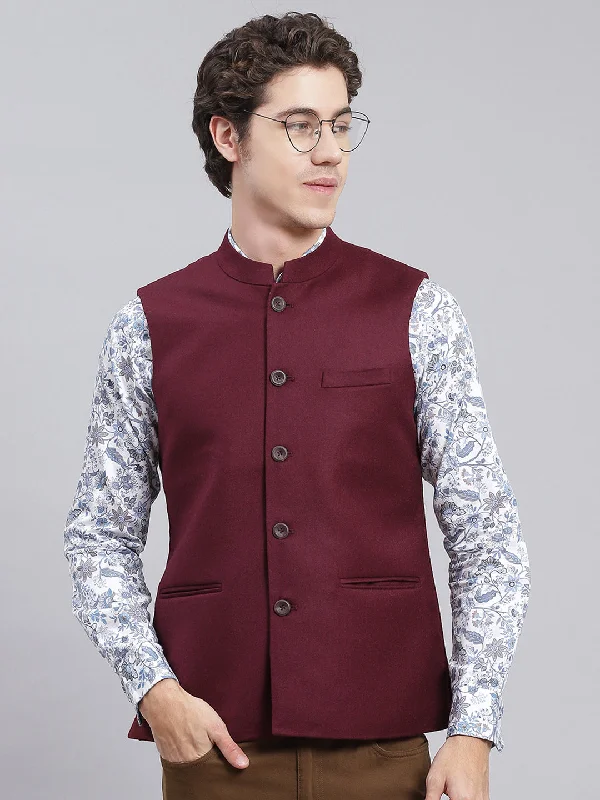 Men Maroon Solid Wool blend Coat Modern Men's Tech