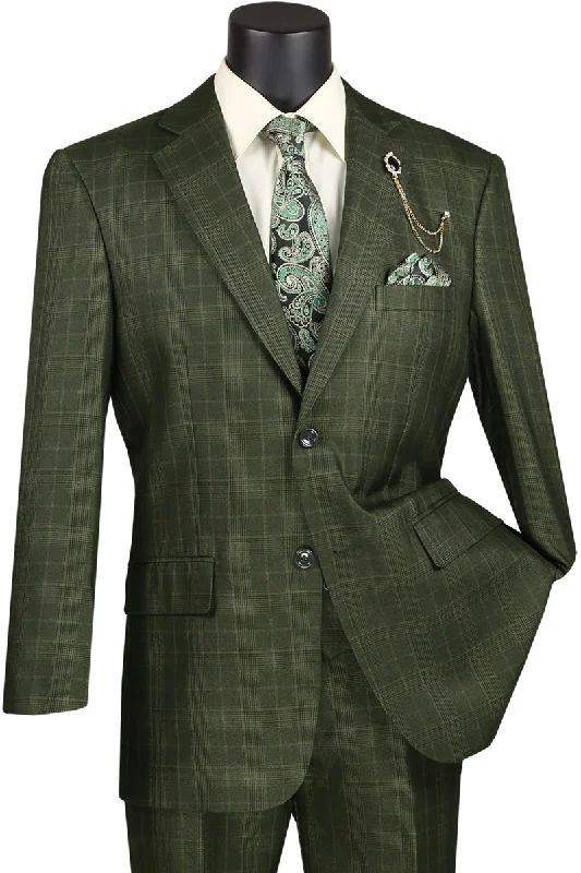 Mens 2 Button Vested Peak Lapel Plaid Windowpane Suit in Olive Modern Men's Tech