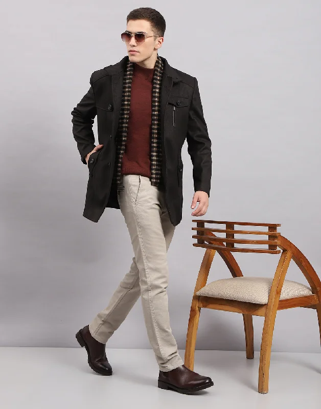 Men Black Self Design Band Collar Full Sleeve Coat Relaxed Men's Australian 