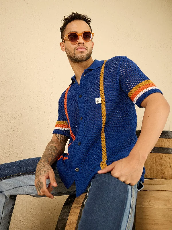 Royal Blue Striped Crochet Shirt Sleek Men's Metallic