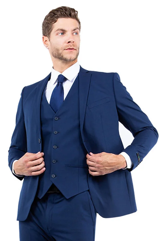 Men's One Button Vested Slim Fit Business & Wedding Suit in Navy Blue Trendy Men's Bucket