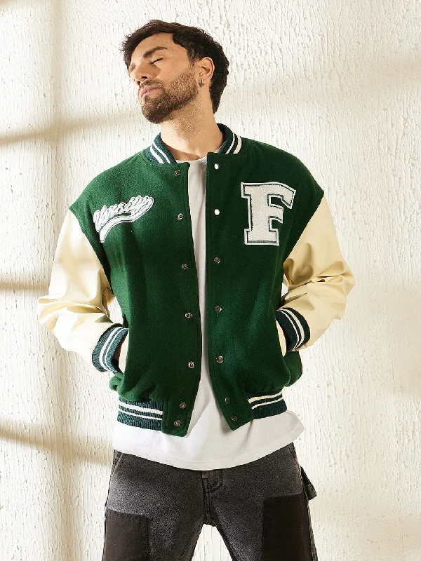 Green Woollen Faux Leather Sleeves Letterman Varsity Jacket Minimalist Men's Casual Green Woollen Faux Leather Sleeves Letterman Varsity Jacket Minimalist Men's Casual