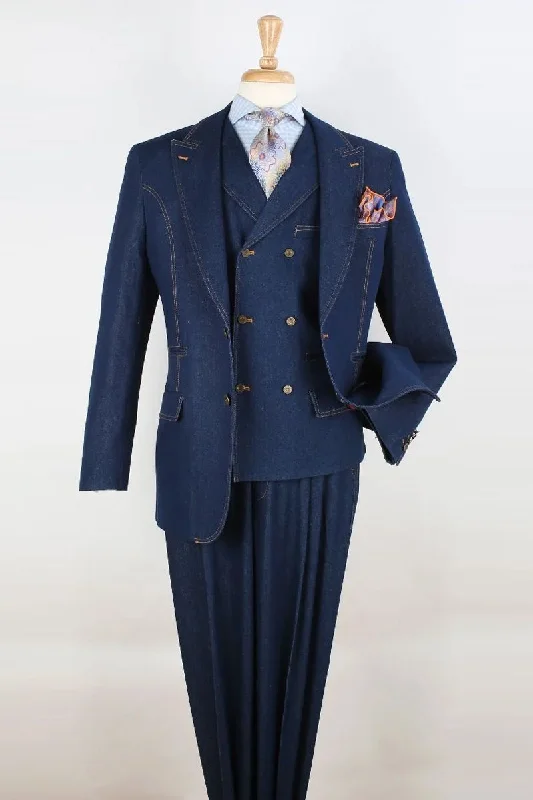Mens Two Button Peak Lapel Double Breasted Vest Denim Suit in Blue Dynamic Men's High