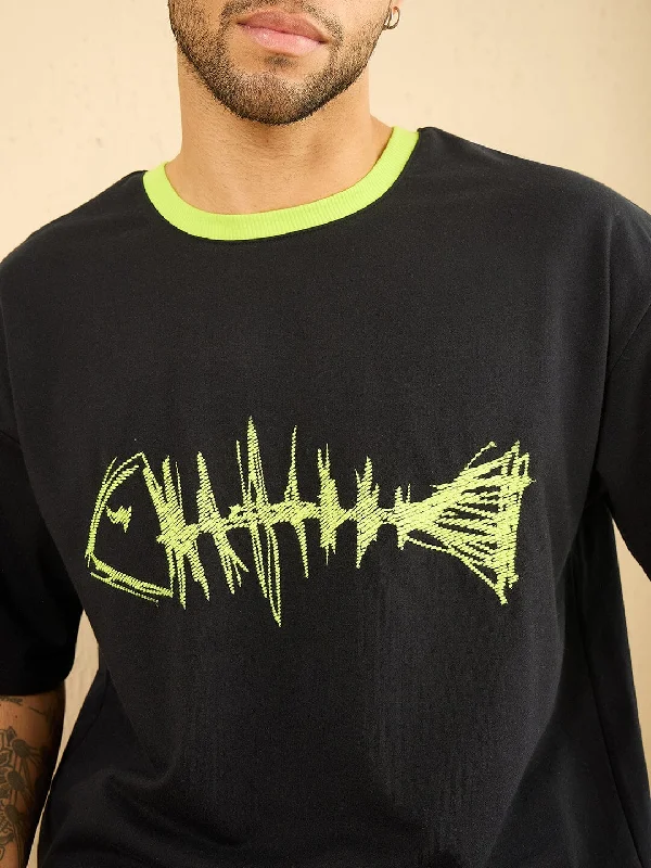 Navy Fish Embroidery Oversized Tshirt Masculine Men's 