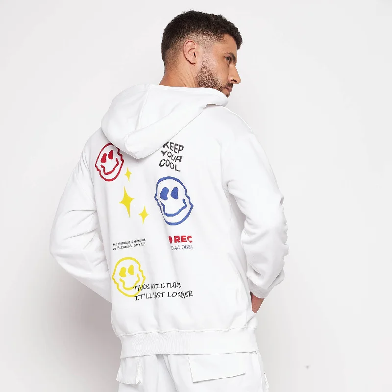 White Smiley Oversized Hooded Sweatshirt Masculine Men's 