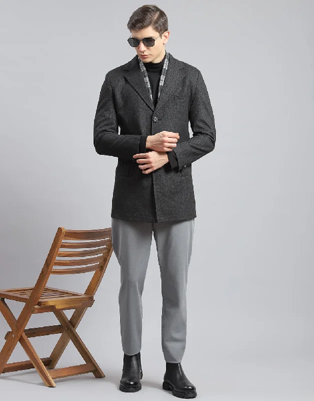 Men Grey Self Design Lapel Collar Full Sleeve Coat Monochromatic All