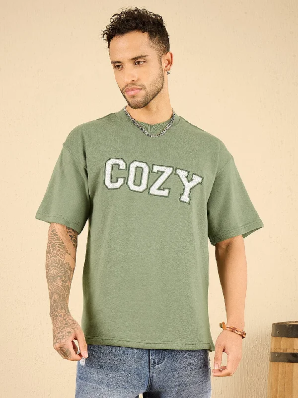 Mineral Green Cozy Embroidered Oversized Tshirt Polished Men's Silk