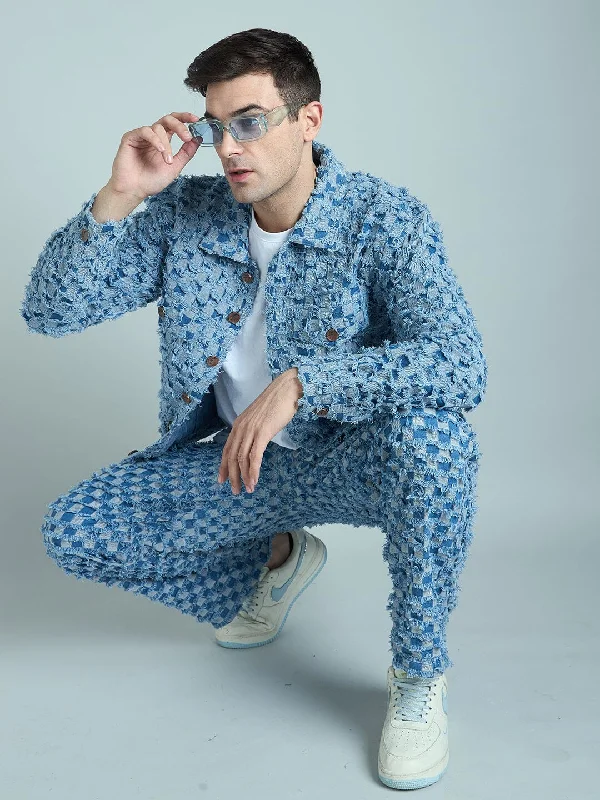 Blue Frayed Jacquard Cropped Denim Jacket & Jeans Clothing Set Modern Men's Tech