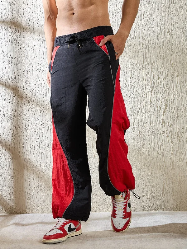 Black and Red Crinkle Cut and Sew Trackpants Trendy Men's Oversized
