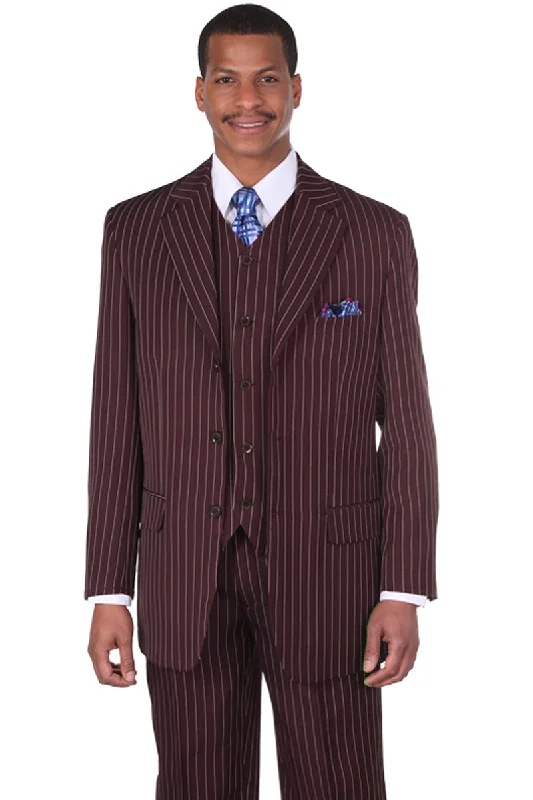 Mens 3 Button Vested Vintage Bold Gangster Pinstripe Suit in Brown Youthful Men's Pop