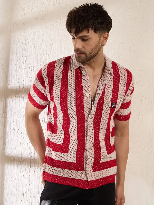 Red Striped Crochet Knitted Shirt Bohemian Men's Free