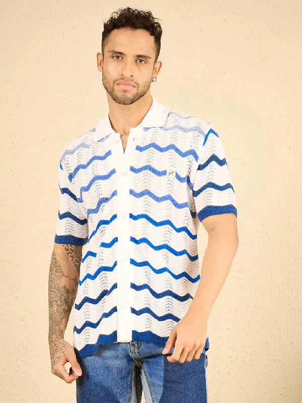 White Wavy Stripes Crochet Shirt Dapper Men's Bow