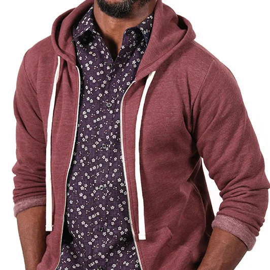 Burgundy Heather Full Zip Hooded Tri-Blend Fleece Sweatshirt - Made in USA Bold Men's Animal