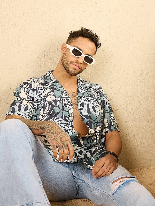 Navy Floral Linen Cuban Shirt Business