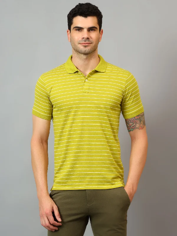 Men's Lime Green Stripe Polo neck Half Sleeve T-Shirt Refined Men's Velvet